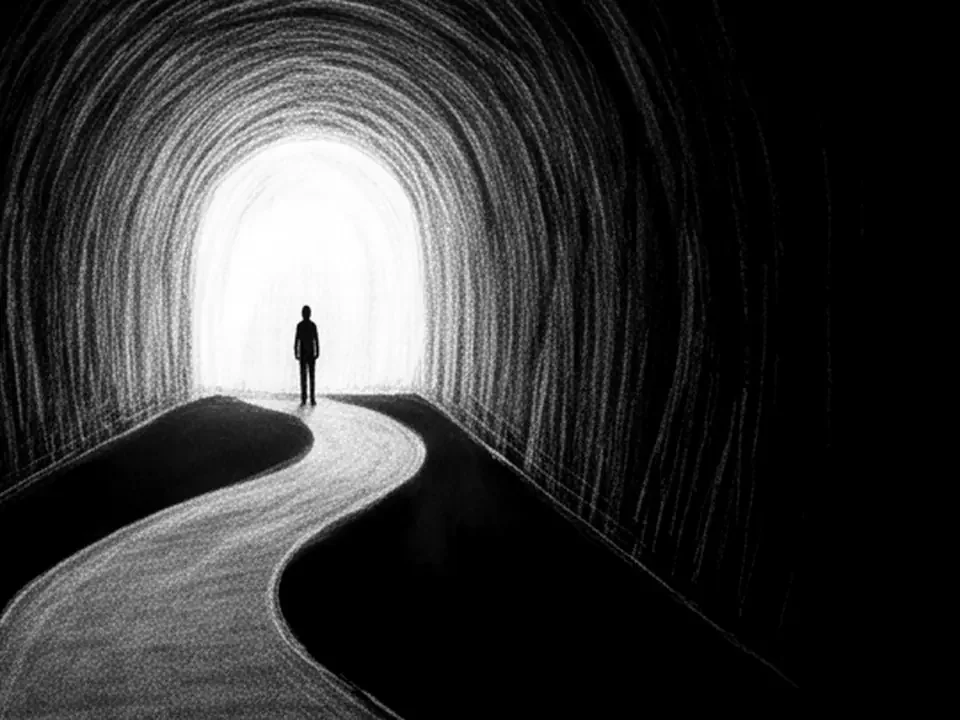 A road curving through a dark tunnel toward an opening of light